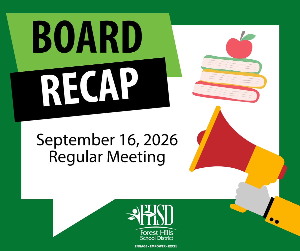 graphic that says "Board Recap - September 16, 2026 Regular Meeting" with an animated megaphone and stack of books